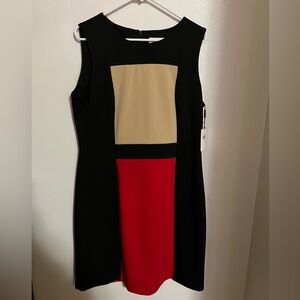 CALVIN KLEIN Colorblock Business Professional Sleeveless Dress Black Red Tan NWT